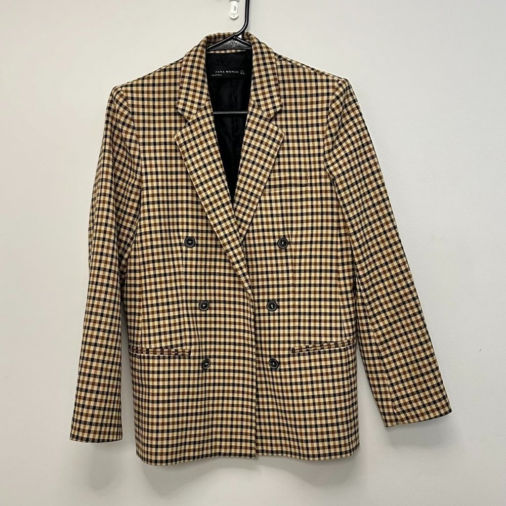 Zara Woman Double Breasted Plaid Blazer Brown Tan Academia Preppy Medium - Picture 2 of 16